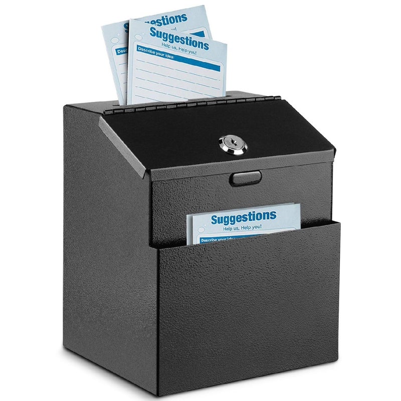 Flexzion Suggestion Box with Slot and Lock - Wall Mounted Multi-Purpose Offering, Ballot Box with Lock - Metal Donation Drop Box with 25 Suggestion Cards, 2 Screws, 2 Expansion Bolts & 2 Keys (Black) - Image 1